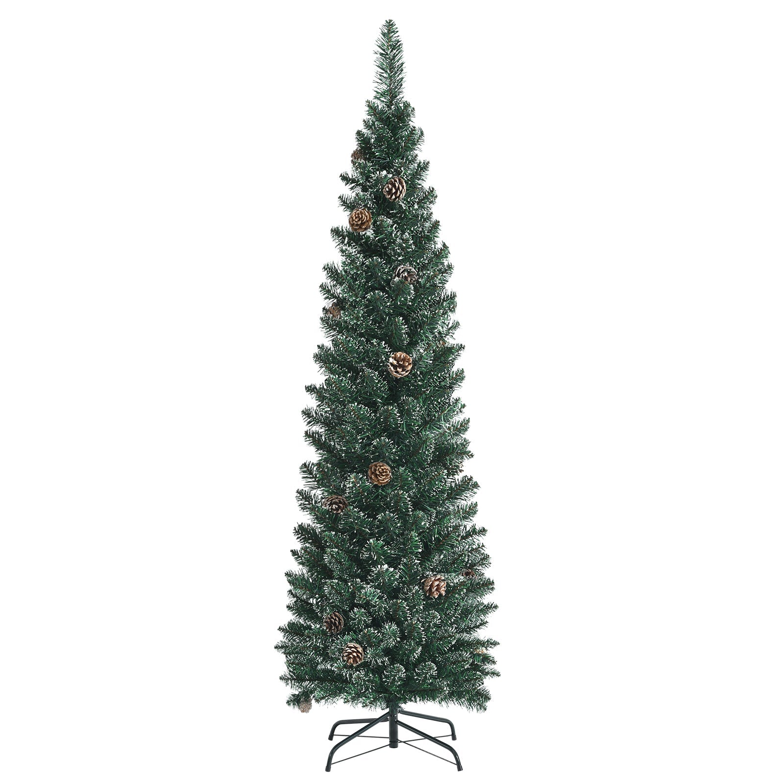 Snowy artificial pencil Christmas tree DirectDeals with pine cones, green needles, metal stand on Tampa Home & Garden Store
