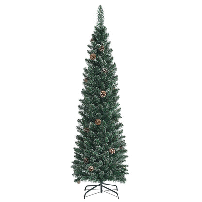 Snowy artificial pencil Christmas tree DirectDeals with pine cones, green needles, metal stand on Tampa Home & Garden Store