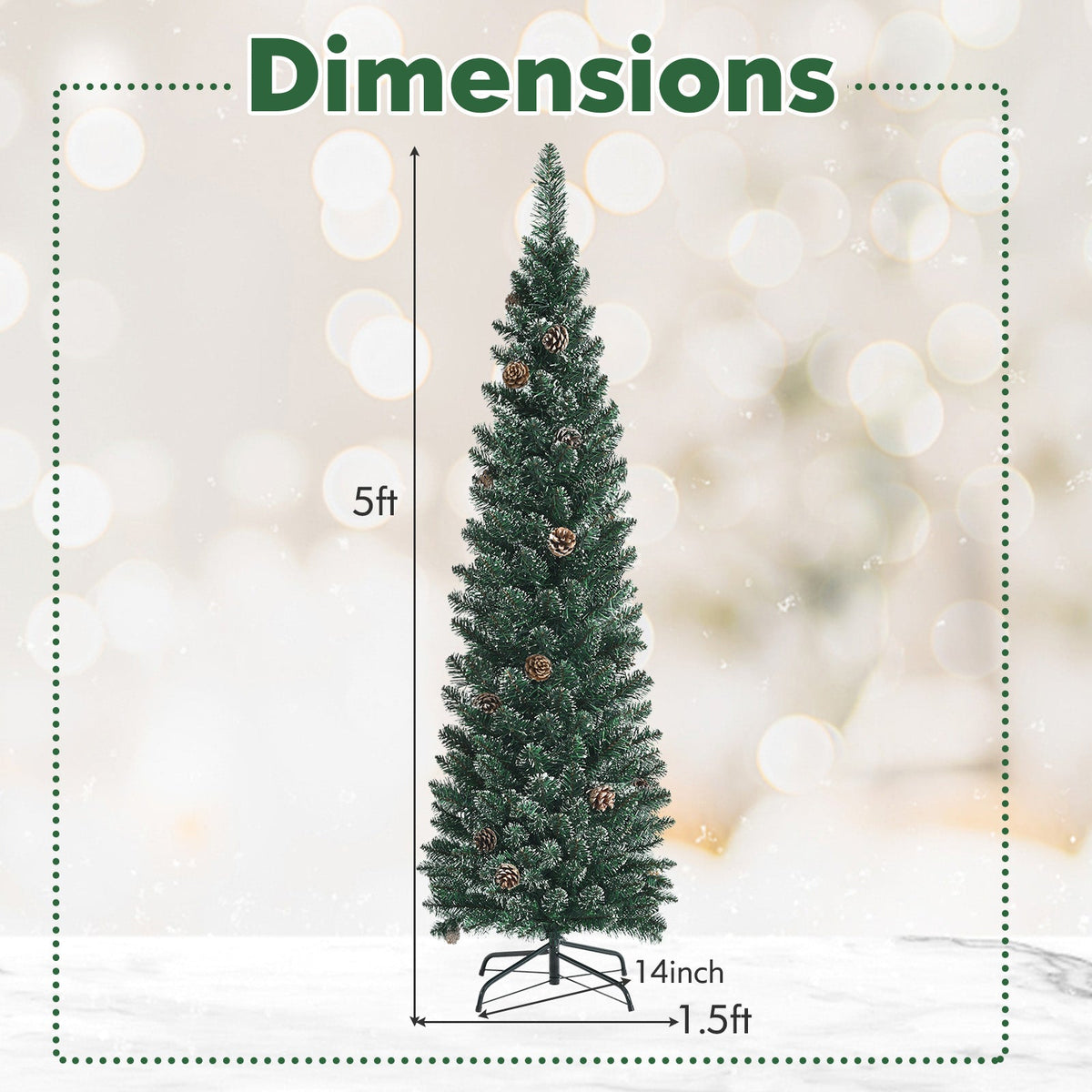 Snowy artificial pencil Christmas tree with pine cones DirectDeals on a metal stand on Tampa Home & Garden Store