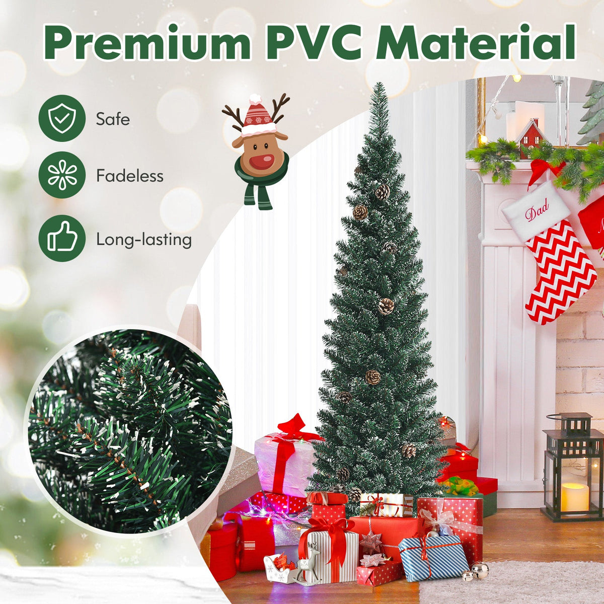 Snowy artificial pencil Christmas tree with pine cones DirectDeals in room with gifts on Tampa Home & Garden Store