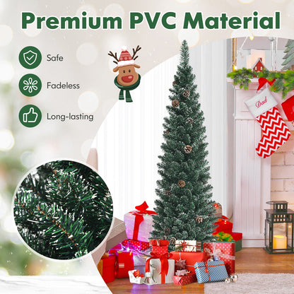 Snowy artificial pencil Christmas tree with pine cones DirectDeals in room with gifts on Tampa Home & Garden Store