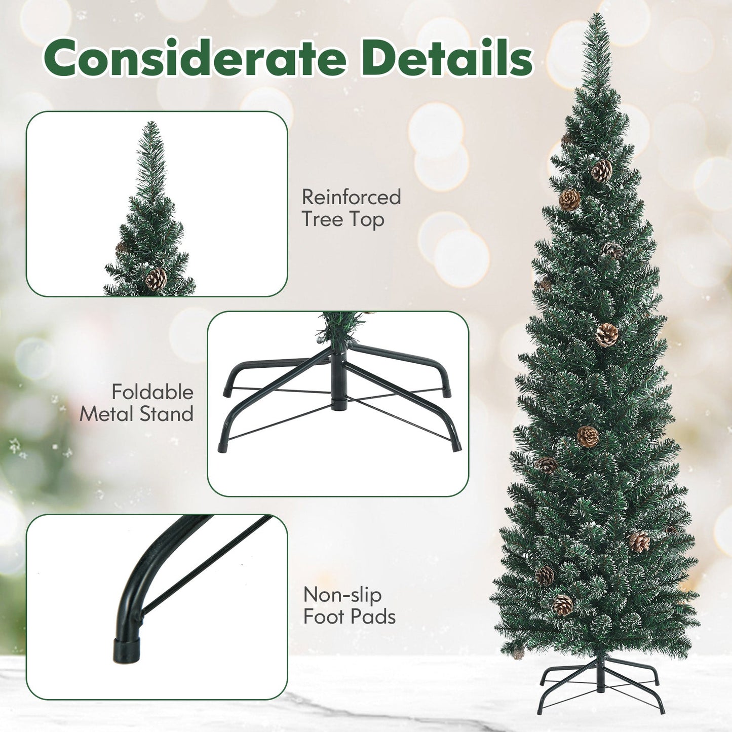 Snowy artificial pencil Christmas tree with pine cones, DirectDeals, artificial trees on Tampa Home and Garden Store