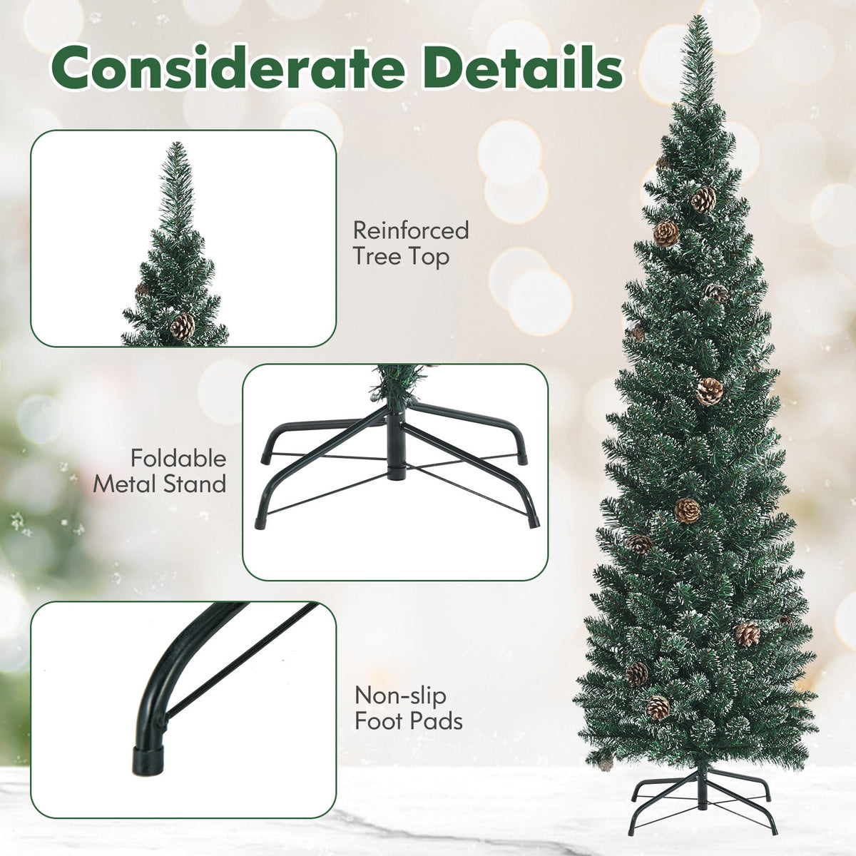 Snowy artificial pencil Christmas tree with pine cones, DirectDeals, artificial trees on Tampa Home and Garden Store