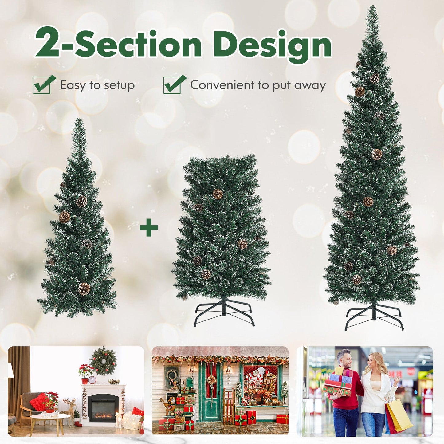 Snowy artificial pencil Christmas trees with pine cones, three on metal stands DirectDeals on Tampa Home & Garden Store