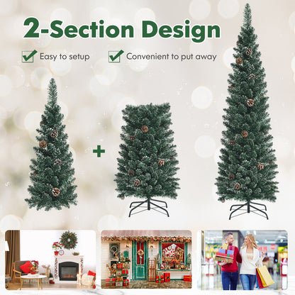 Snowy artificial pencil Christmas trees with pine cones, three on metal stands DirectDeals on Tampa Home & Garden Store