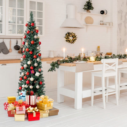 Snowy Artificial Pencil Christmas Tree by DirectDeals with red and silver ornaments, pine cones on Tampa Home & Garden Store