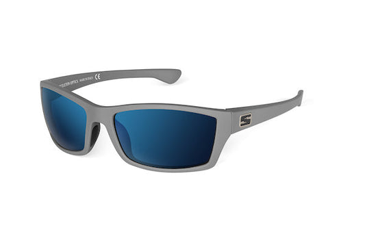 Skeleton Optics Scout Wolf Gray sunglasses with blue lenses and gray frame S logo on temple on Tampa Home & Garden Store