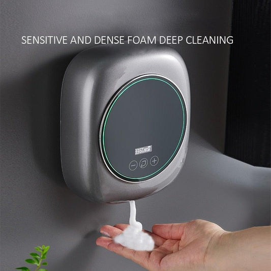 Stevvex silver wall-mounted infrared soap dispenser with digital display and green ring on Tampa Home & Garden Store