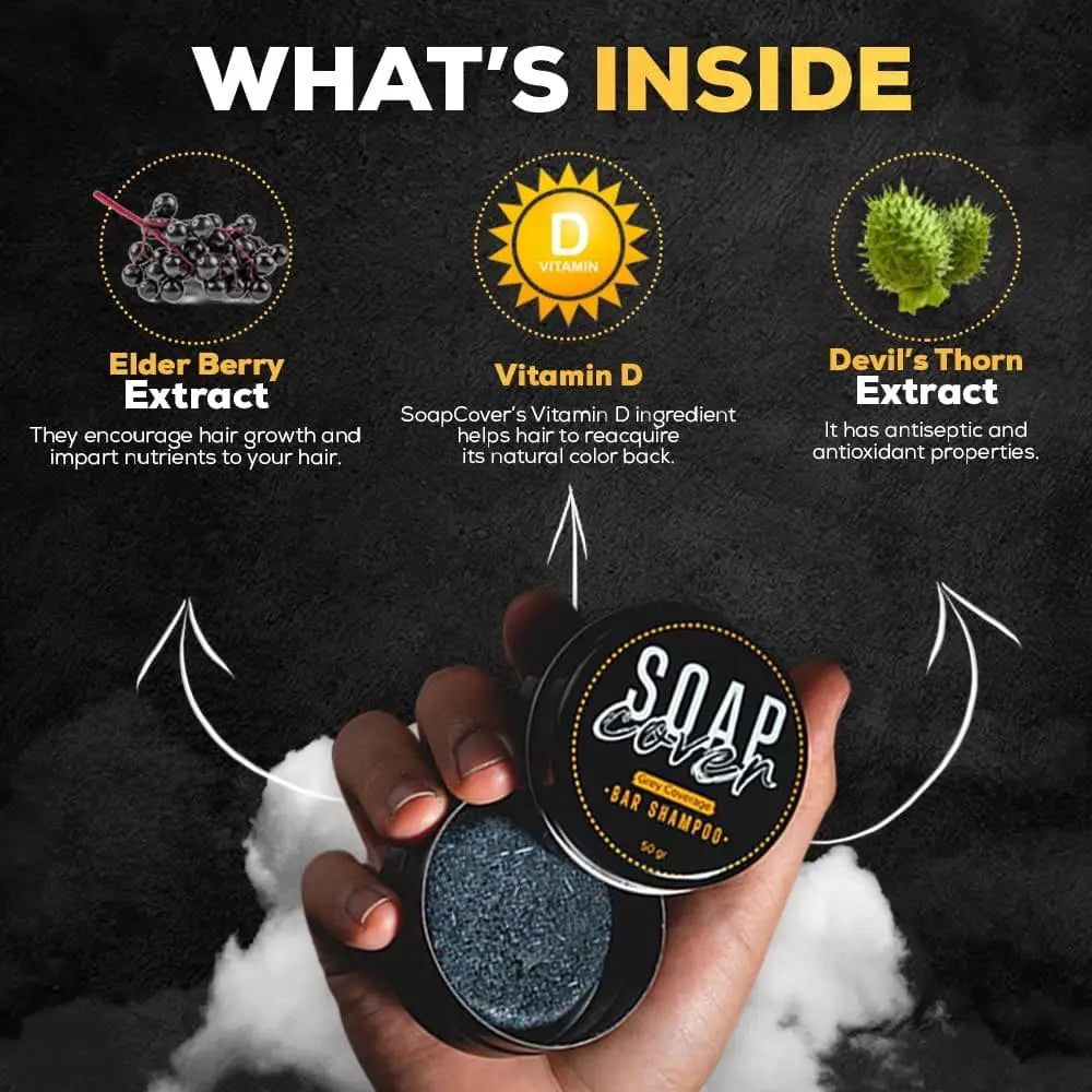 SoapCover Gray Hair Coverage Soap in round black tin with blue compressed bar and scalp massager on Tampa Home & Garden Store