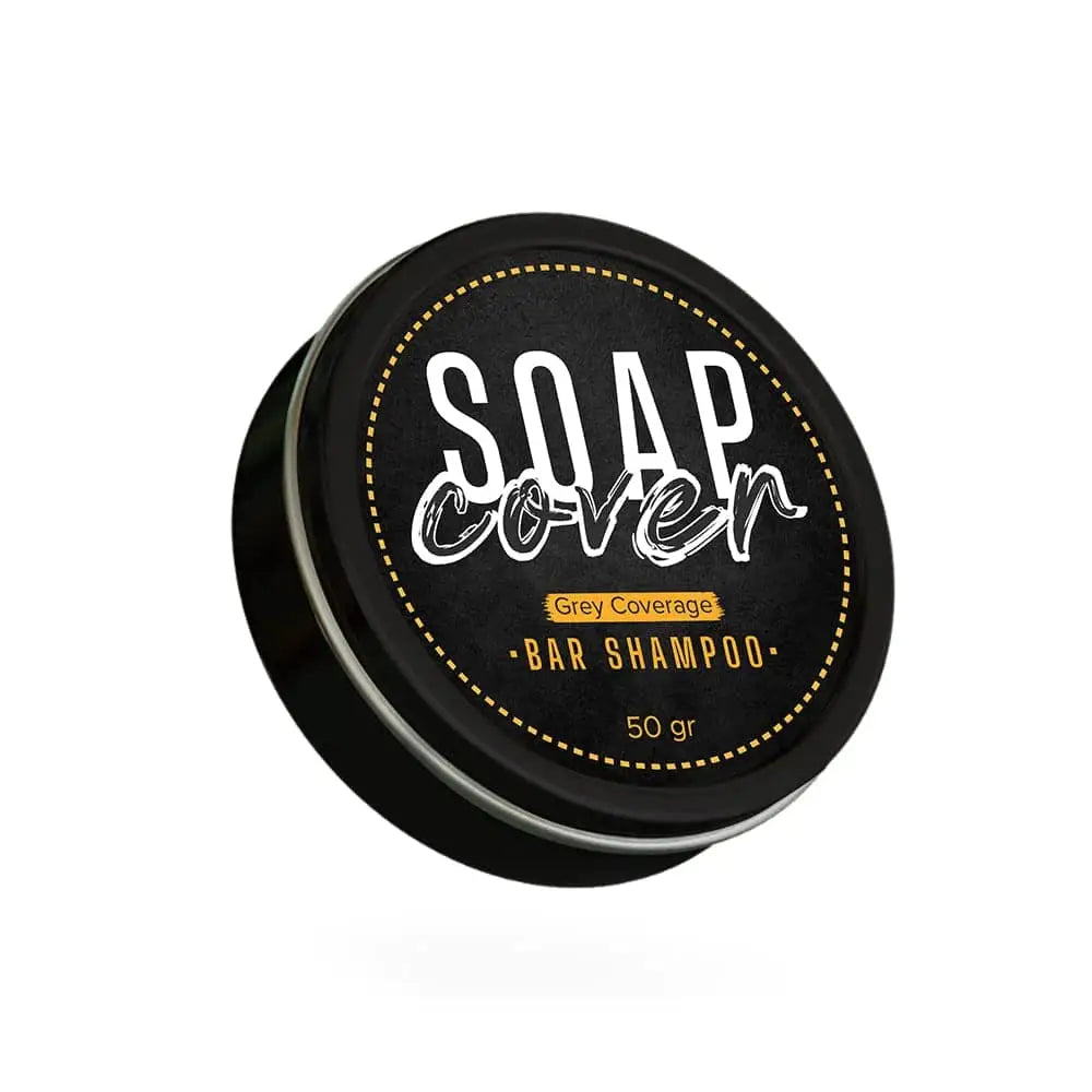 SoapCover Gray Hair Coverage Soap bar in black tin with label Grey Coverage Bar Shampoo 50 gr on Tampa Home & Garden Store