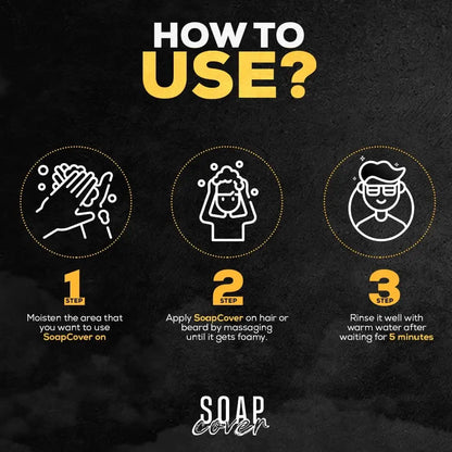 SoapCover gray hair coverage soap infographic with 3-step use and scalp massager brush on dark background on Tampa Home & Garden Store