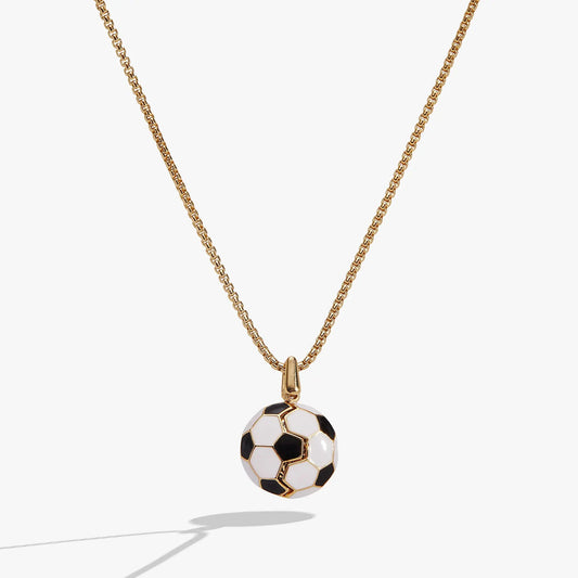 Soccer ball locket necklace in gold-tone with black and white enamel panels on chain on Tampa Home & Garden Store