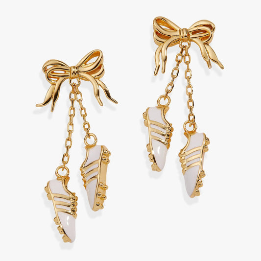 Soccer Cleats Earrings by ALEX AND ANI, gold-tone with enamel details and hanging chains on Tampa Home & Garden Store