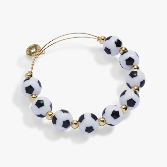 ALEX AND ANI oversized soccer bead bracelet with blue beads and black panels, gold spacers on Tampa Home & Garden Store