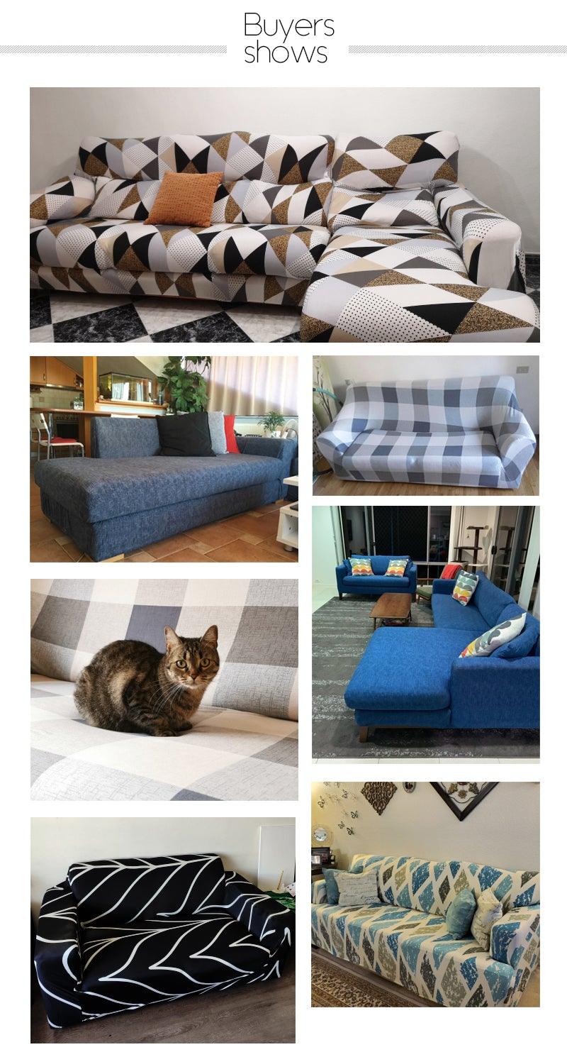 Stevvex sofa covers collage: geometric jacquard, blue plaid, gray check on Tampa Home & Garden Store
