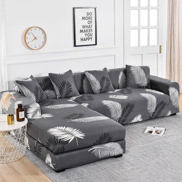 Sofa cover Stevvex jacquard palm leaf for L-shaped chaise with elastic bottom on Tampa Home & Garden Store