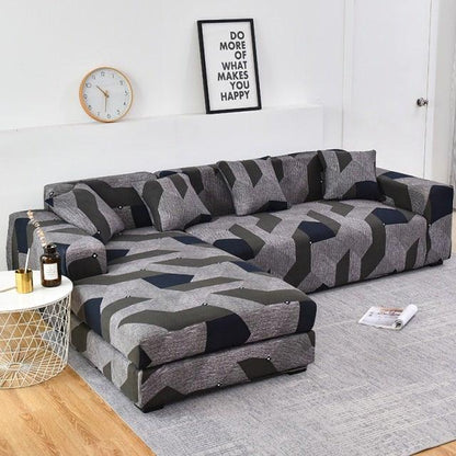 Stevvex sofa slipcover for L-shaped sectional chaise, grey jacquard, elastic bottom on Tampa Home & Garden Store