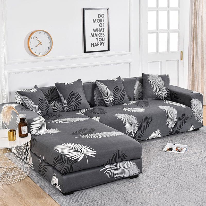 Sofa cover gray jacquard L-shaped chaise with palm leaf print, elastic bottom, Stevvex on Tampa Home & Garden Store