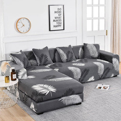 Sofa cover gray jacquard L-shaped chaise with palm leaf print, elastic bottom, Stevvex on Tampa Home & Garden Store