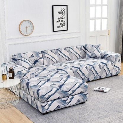 Stevvex geometric blue jacquard sofa slipcover set for L-shaped chaise on Tampa Home & Garden Store