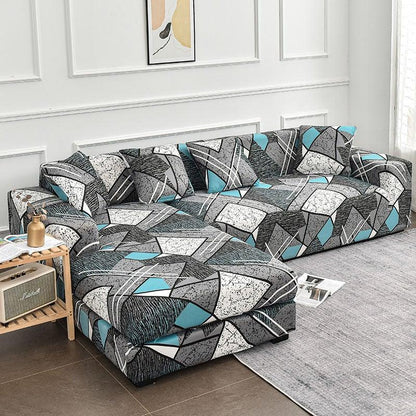 Stevvex geometric sofa cover set for L-shaped chaise with elastic bottom in teal gray jacquard on Tampa Home & Garden Store