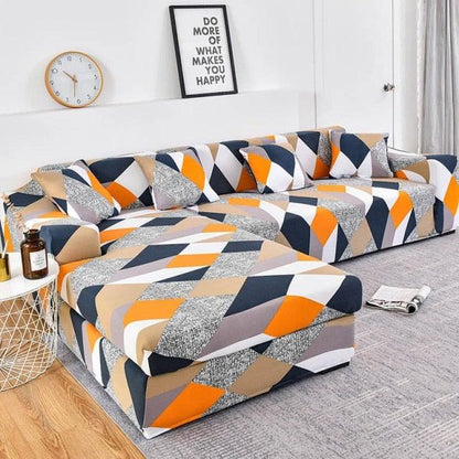 Stevvex geometric sofa cover for L-shaped sectional with elastic bottom in orange gray navy on Tampa Home & Garden Store