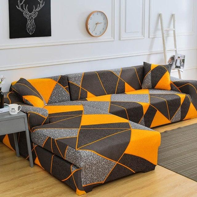 Sofa cover Geometric L-shaped chaise slipcover in orange gray black by Stevvex on Tampa Home & Garden Store