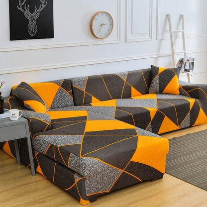 Sofa cover Geometric L-shaped chaise slipcover in orange gray black by Stevvex on Tampa Home & Garden Store