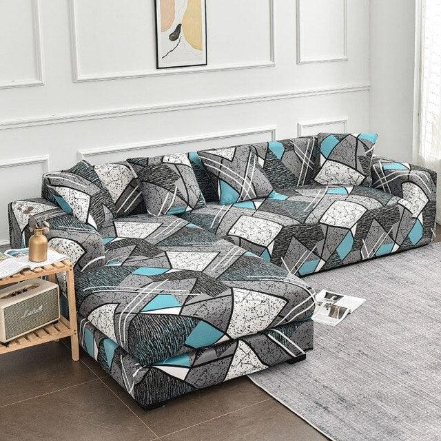 Stevvex Geometric L-shaped sofa slipcover in grey, black, white with teal accents on Tampa Home & Garden Store