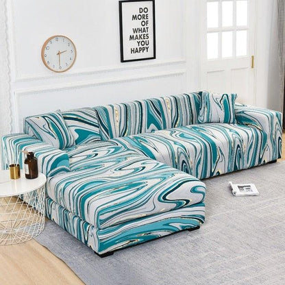 Stevvex sofa slipcover set for L-shaped chaise, geometric teal blue jacquard with elastic bottom on Tampa Home & Garden Store