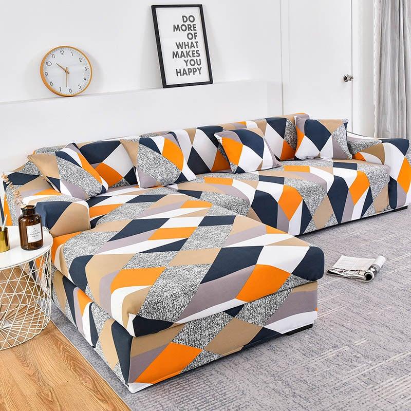 Geometric sofa cover by Stevvex L-shaped chaise; elastic bottom, orange navy beige pattern on Tampa Home & Garden Store