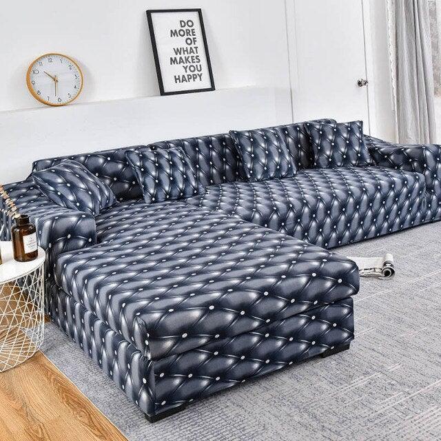 Stevvex sofa slipcover for chaise lounge L-shaped in navy jacquard with tufted diamond pattern on Tampa Home & Garden Store