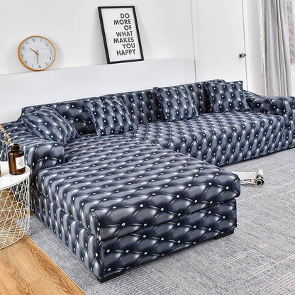 Stevvex L-shaped sofa slipcover in navy quilted faux leather with tufted buttons on Tampa Home & Garden Store