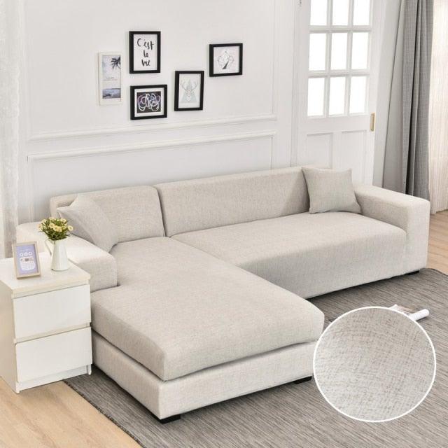 Stevvex beige sofa cover for L-shaped chaise with elastic jacquard slipcover on room sofa on Tampa Home & Garden Store