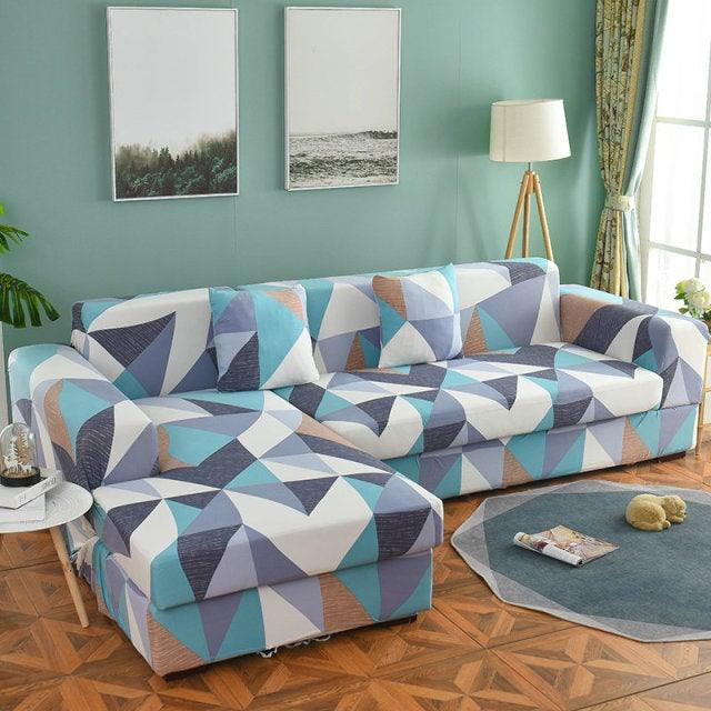Geometric sofa cover for L-shaped chaise in blue teal gray jacquard Stevvex on Tampa Home & Garden Store