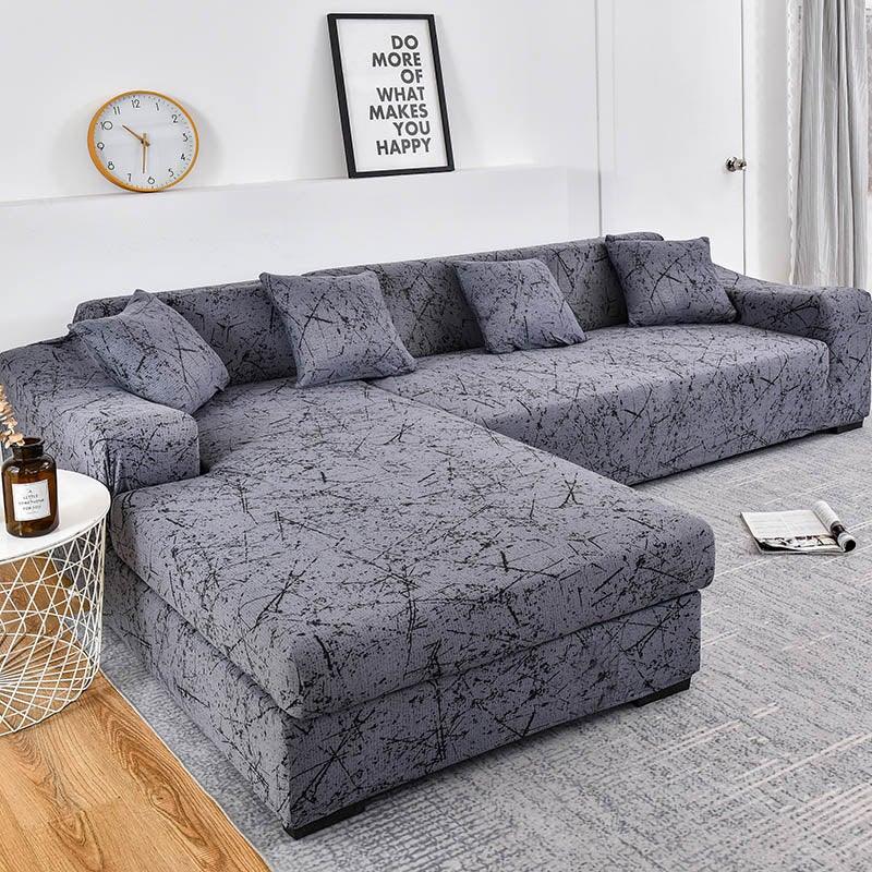 Geometric sofa cover for L-shaped chaise by Stevvex with elastic bottom jacquard slipcover on Tampa Home & Garden Store