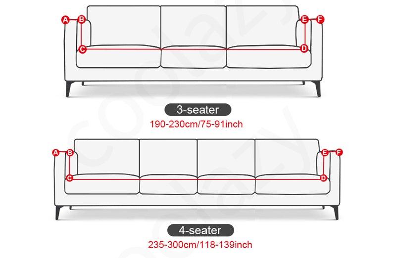 Stevvex jacquard sofa slipcover diagram for 3-seat and 4-seat couches with elastic bottom on Tampa Home & Garden Store
