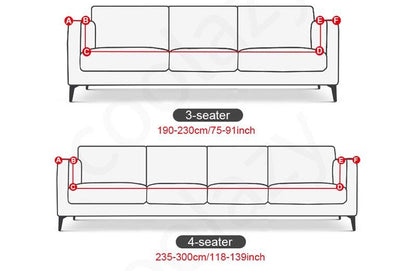 Stevvex jacquard sofa slipcover diagram for 3-seat and 4-seat couches with elastic bottom on Tampa Home & Garden Store