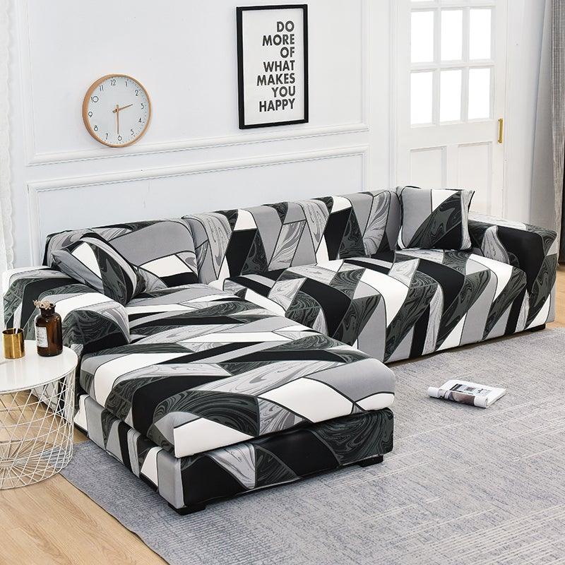 Geometric jacquard sofa slipcover for L-shaped chaise in gray, black and white on Tampa Home & Garden Store