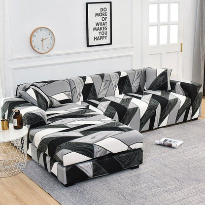 Geometric jacquard sofa slipcover for L-shaped chaise in gray, black and white on Tampa Home & Garden Store