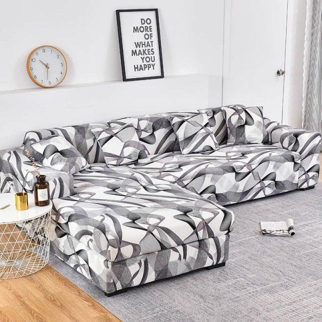 Geometric jacquard sofa slipcover set for L-shaped chaise with elastic bottom in gray on Tampa Home & Garden Store