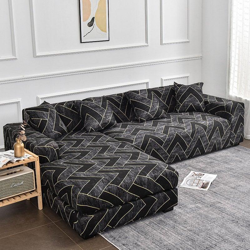 Sofa slipcover for L-shaped chaise in black geometric jacquard with elastic bottom Stevvex on Tampa Home & Garden Store