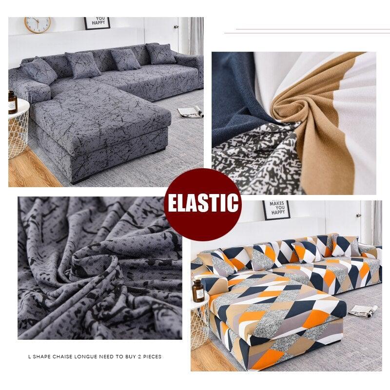 Stevvex L-shaped chaise sofa cover with elastic bottom in grey geometric jacquard print on Tampa Home & Garden Store
