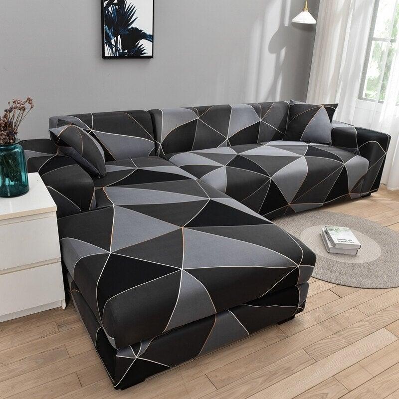 Geometric sofa cover by Stevvex for L-shaped chaise with elastic bottom in black gray jacquard on Tampa Home & Garden Store