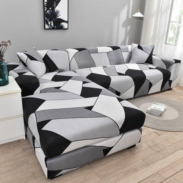 Sofa cover Stevvex geometric L-shaped chaise slipcover in black gray white Jacquard fabric on Tampa Home & Garden Store
