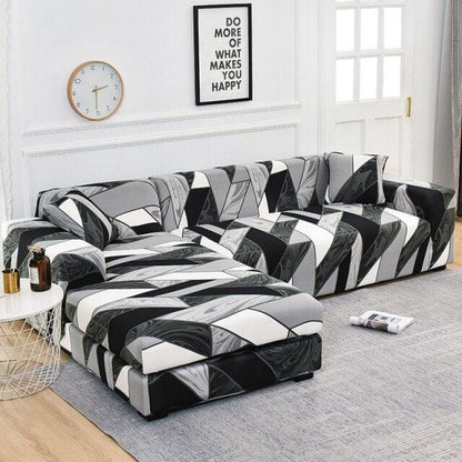 Geometric sofa cover for L-shaped chaise with elastic fit in black gray jacquard by Stevvex on Tampa Home & Garden Store