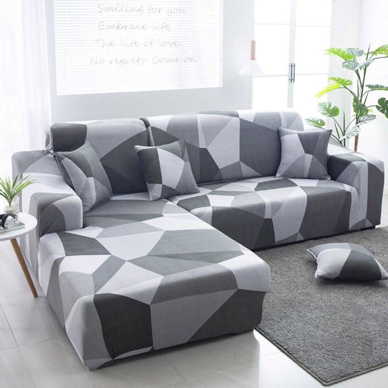 Stevvex geometric gray sofa cover for L-shaped chaise lounge with elastic bottom cushions on Tampa Home & Garden Store