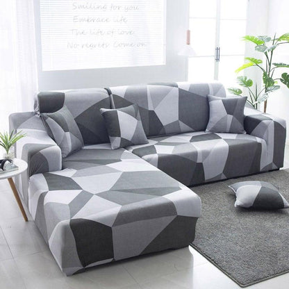 Stevvex geometric gray sofa cover for L-shaped chaise lounge with elastic bottom cushions on Tampa Home & Garden Store