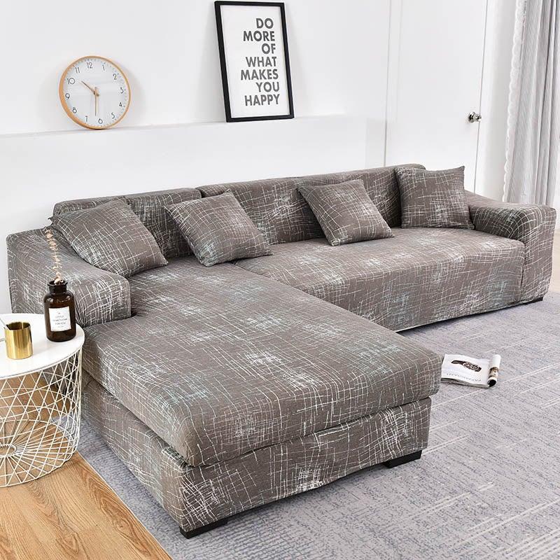 Stevvex sofa slipcover for L-shaped chaise in gray jacquard with elastic bottom on Tampa Home & Garden Store