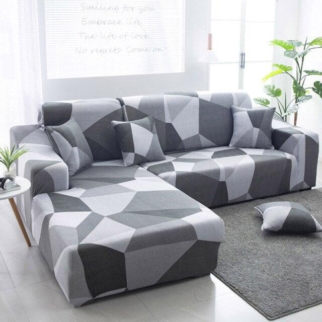 Sofa cover by Stevvex geometric jacquard for L-shaped sectional with elastic bottom gray on Tampa Home & Garden Store